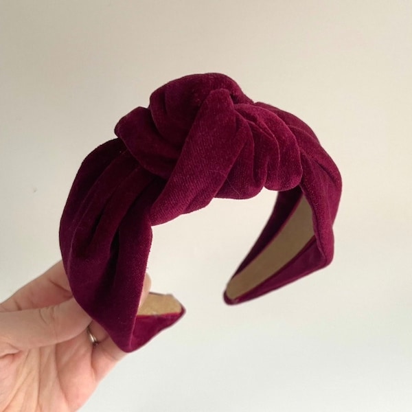 Handmade Burgundy Velvet Luxury Hairband Headband - knotted turban wide fabric alice band hair deep red maroon wine