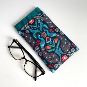 Handmade luxury velvet peacock bird floral print glasses case sunglasses pouch flex frame padded teal turquoise metallic copper fabric image 1