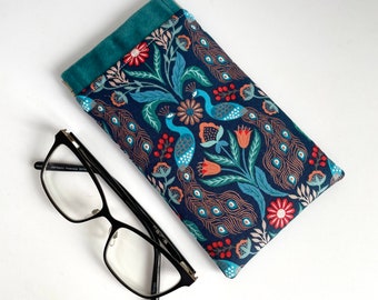 Handmade luxury velvet peacock bird floral print glasses case - sunglasses pouch flex frame padded teal turquoise metallic copper fabric