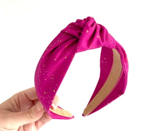 Handmade knot top hot pink fuchsia metallic splash spot print hairband headband - knotted turban wide fabric alice band hair  polka dot