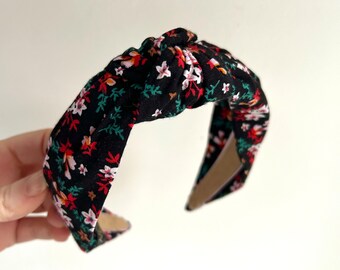 Handmade knot top knot  black floral hairband headband - knotted turban wide fabric alice band hair