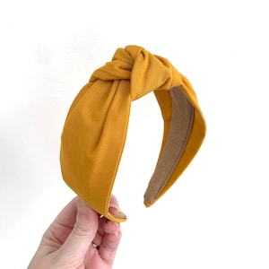 Handmade knot top mustard yellow hairband headband - knotted turban wide fabric alice band hair