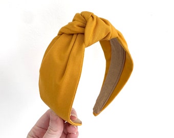 Handmade knot top mustard yellow hairband headband - knotted turban wide fabric alice band hair