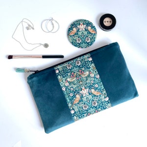 Luxury handmade Liberty of London Strawberry Thief Print Velvet Zipper Pouch Gift Set Compact Mirror Cosmetics Make Up Zip Bag Teal