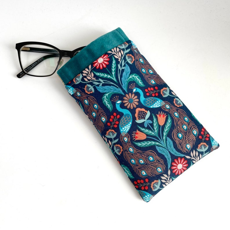 Handmade luxury velvet peacock bird floral print glasses case sunglasses pouch flex frame padded teal turquoise metallic copper fabric image 7