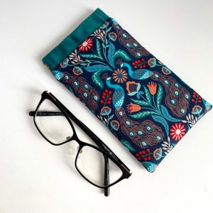 Handmade luxury velvet peacock bird floral print glasses case sunglasses pouch flex frame padded teal turquoise metallic copper fabric image 6