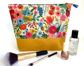 Handmade Large Canvas Mustard Floral Rifle Paper Co Print Make Up Cosmetic Toiletries Wash Bag Travel Zipper Pouch Makeup Washbag