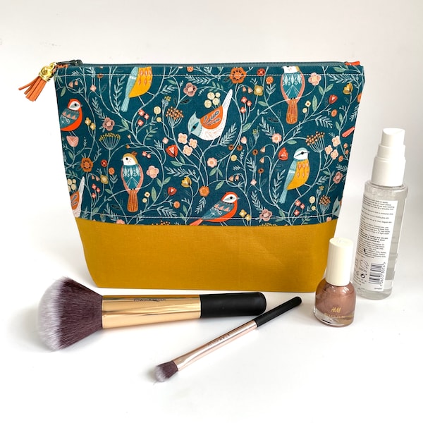 Handmade Teal Orange Mustard Blue Bird Floral Print Make Up Bag - Wash Bag Compact Mirror Toiletries Zipper Pouch Travel Makeup cosmetics