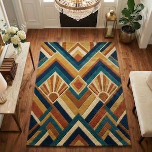 Handgetuft wollen vloerkleed, Art Deco geometrisch zonnestralenpatroon, tapijt in mid-century modern stijl, waaiervormig patroon voor woonkamer en slaapkamer, vloerkleed op maat gemaakt voor 9x10 voet.