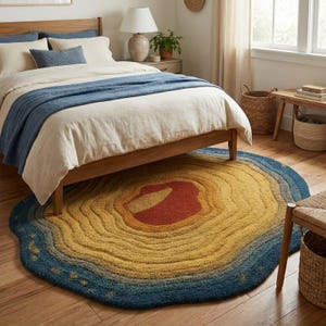Hand Tufted Wool Rug – Tree Ring Design, Loop Pile, Blue Yellow Orange Red With Organic Wavy Rug, Colorful Agate Slice Rug, 9x12 Custom Size