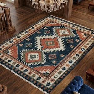 Handgeknüpfter Blauer Geometrischer Wollteppich Gewebt in Rost und Rost