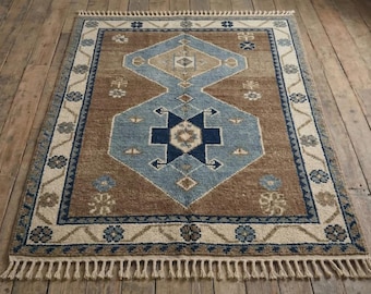Handknuten Oushak-matta Vintage turkisk ull blåbrun matta Tribal geometrisk matta