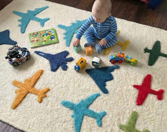 Hand Tufted Airplane Rug: Educational Aircraft Carpet for Kids natural wool carpet custom size