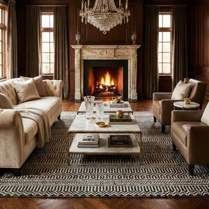 Peut inclure: Un salon luxueux avec une cheminée, un lustre en cristal et deux tables basses à plateau en marbre. La pièce comprend un canapé beige, des fauteuils en cuir marron et un tapis à motifs. Des boiseries et des rideaux sombres complètent le design élégant.