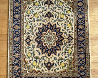Hand Knotted Wool Rug,Persian Floral Medallion Area Rug, Handmade Traditional Blue Ivory Carpet