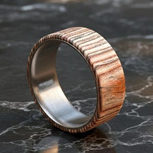Titanium Ring with Whiskey barrel Wood Wedding Band Wood Outlay Unique Titanium Raw Finished Anniversary Ring Gift for Him Personalized Gift