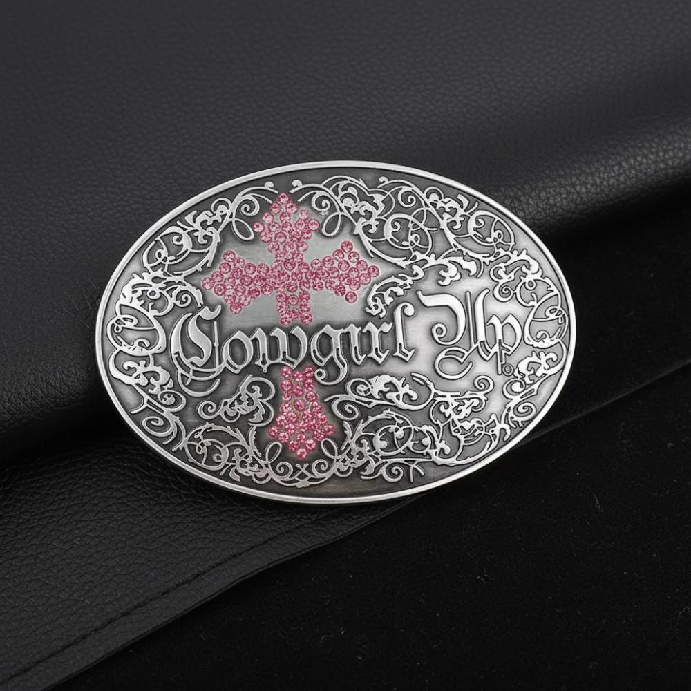 Antiqued Silver Cowgirl Belt Buckle: Rhinestone Cross 