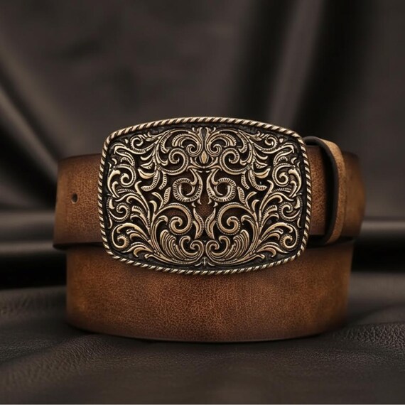 Boho brown vegan leather gold tone buckle belt AnnaRewick.  main image 3