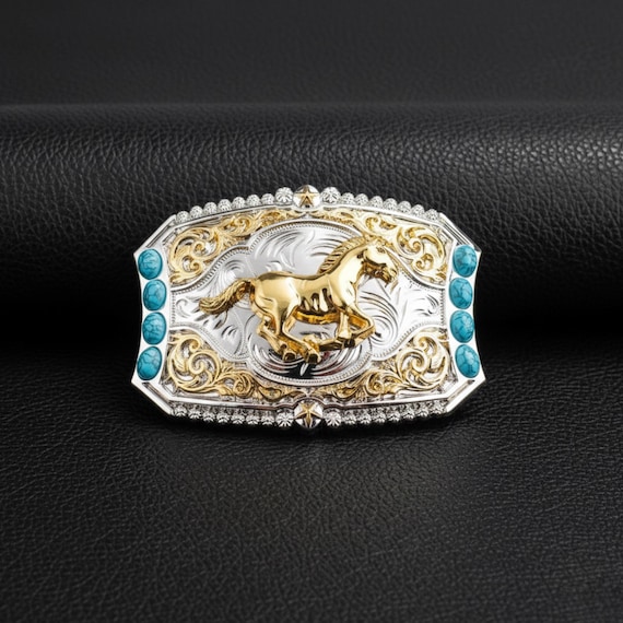 Western Horse Belt Buckle – Gold & Silver Turquoise Rodeo  display picture 1