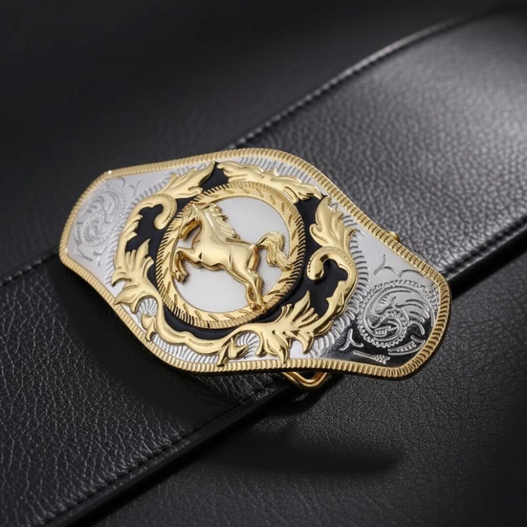 Western Belt Buckle Gold Horse Design Ornate Silver  display picture 2