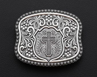 Silver Cross Belt Buckle Western Cowboy Engraved Statement CHRISTIAN COWBOY SCALLOP CROSS 3611-731M MONTANA SILVERSMITHS main image 3