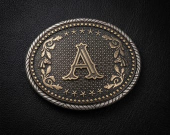 Boucle de ceinture initiale personnalisée - Style occidental : finition argent antique rustique