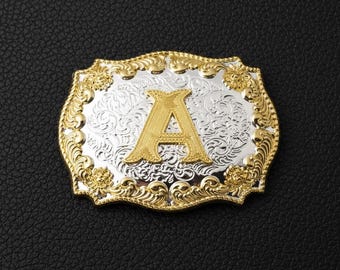 Personalized Initial Belt Buckle, Cowboy Accessory, Vintage Gold & Silver Finish