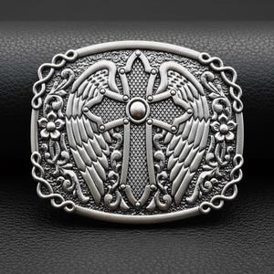 Vintage Silver Änglavingar Kors Bältesspänne – Gotiskt Västerländskt Religiöst Tillbehör