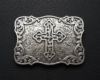 Vintage Western Cross Belt Buckle, Intricate Floral Scrollwork, Antique Silver Finish, Cowboy Accessories