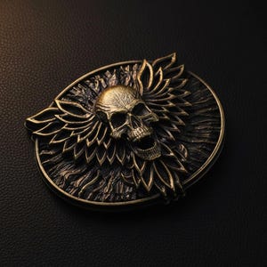 Könnte beinhalten: Antik-Stil Gürtelschnalle mit Totenkopf-Design und stilisierten Flügeln. Die bronzefarbene Schnalle ist vor einem dunklen Hintergrund platziert. Das Design der Schnalle ist sehr detailliert.