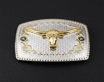 Boucle de ceinture western longhorn - Finition bicolore dorée et argentée