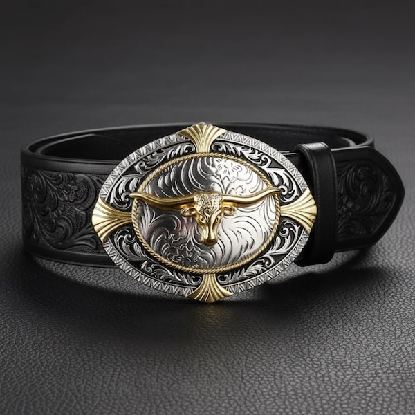 Hebilla de cinturón de toro Longhorn – Estilo vaquero, acabado bicolor dorado y plateado, accesorio vintage del oeste