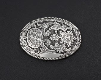 Vintage Western Floral Belt Buckle – Engraved Silver Tone