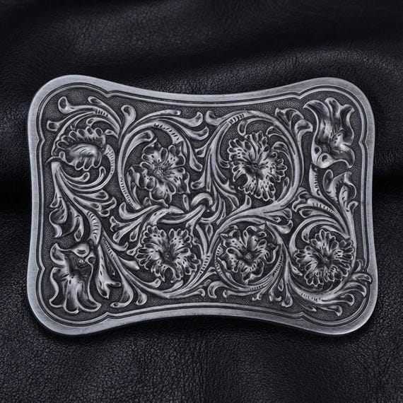 Vintage Floral Embossed Western Belt Buckle – Antique Silver  display picture 1