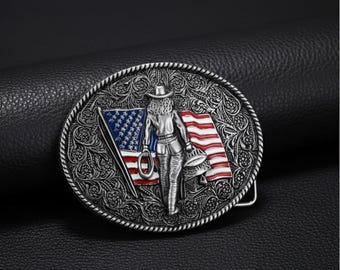 Western Cowgirl Belt Buckle USA Flag Floral Metal Oval Enamel American Flag Floral Cowgirl Western Belt Buckle  main image 3