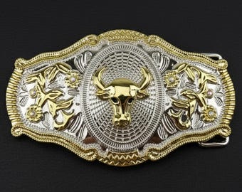 Hebilla de cinturón con cabeza de toro - Hebilla vaquera bicolor en oro y plata con diamantes de imitación - Estilo western