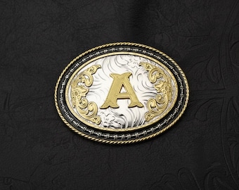Custom Initial Western Belt Buckle | Handcrafted Gold and Silver Cowboy Rodeo Accessory for Groomsmen