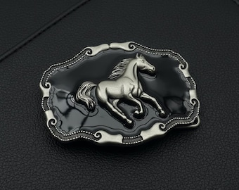 Western Belt Buckle Galloping Horse Relief, Cowboy Biker Vintage Retro Style, Unisex, Antique Silver