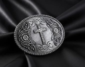 Antique Silver Cross Belt Buckle: Engraved Floral Western Accessory