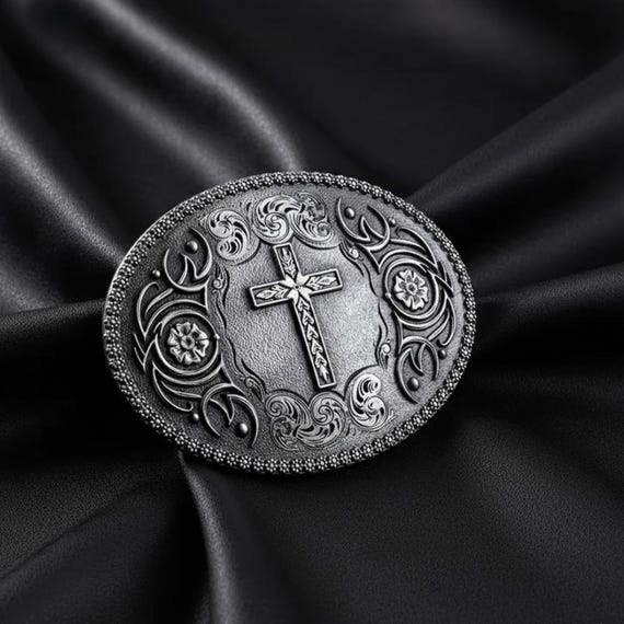 Antique Silver Cross Belt Buckle: Engraved Floral Western Accessory