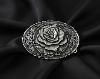 Silver Rose Belt Buckle - Antique Floral Western - Detailed Flower Engraved Cowboy Accessory