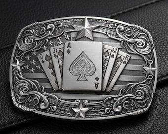 Cowboy Belt Buckle - Patriotic Spades & American Flag Design - Antique Silver Finish - For Poker Fans