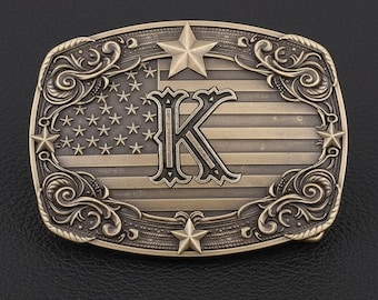 Custom Initial Belt Buckle with American Flag -  Western Style Rustic Cowboy Accessory