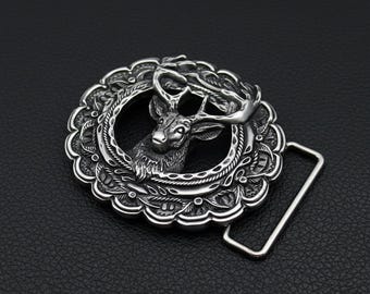 Western Deer Belt Buckle, Engraved Rustic Metal Accessory
