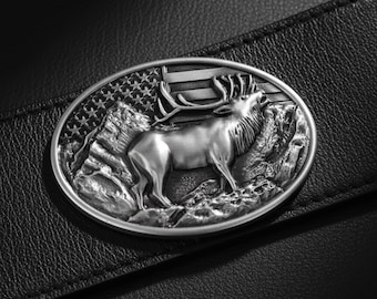 Vintage Style Silver Elk Belt Buckle - American Flag & Mountain Wilderness Design - Western Wildlife Accessory