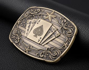 Hebilla de cinturón de vaquero vintage – Adorno de póker Royal Flush y bandera estadounidense – Accesorio para jugadores del Oeste
