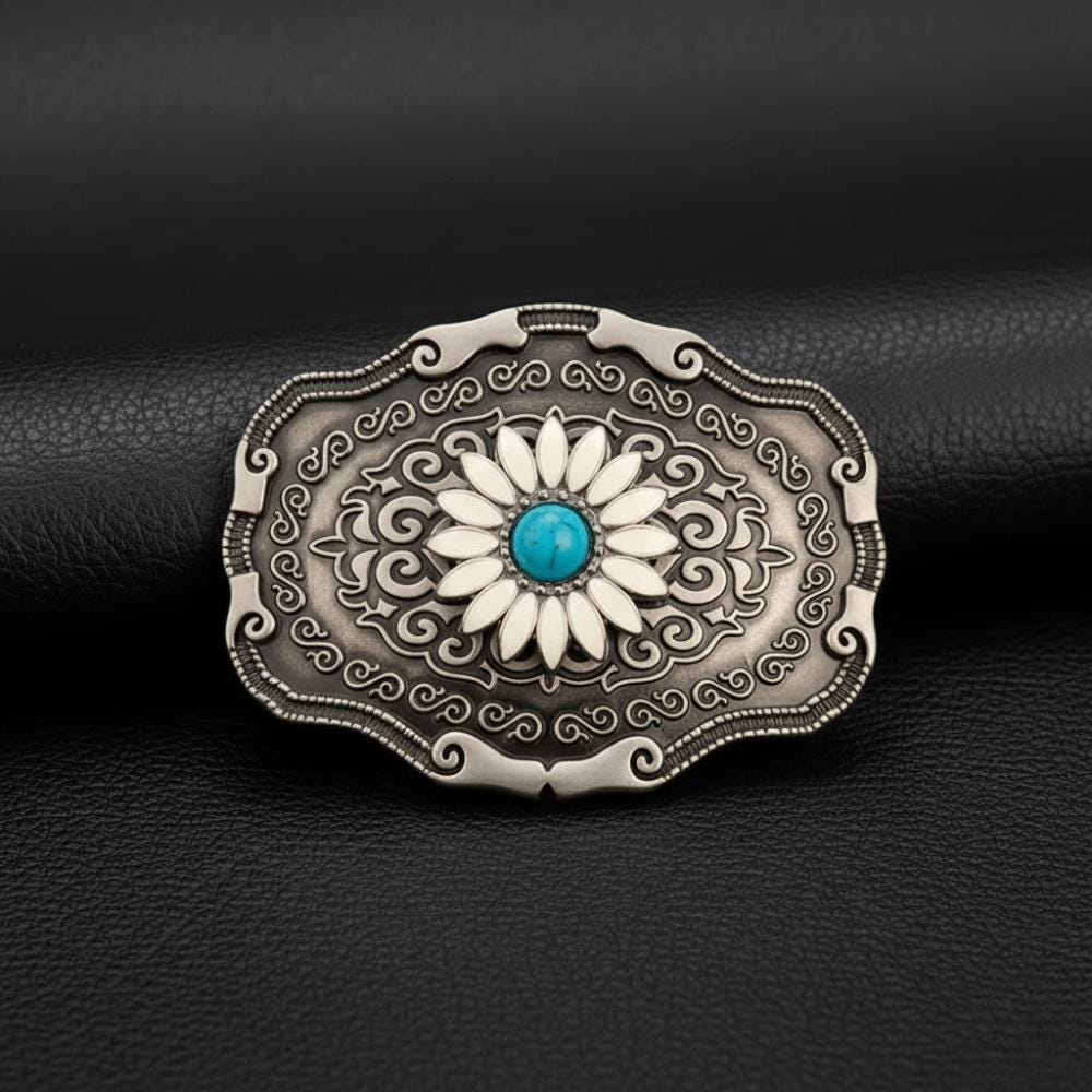 Vintage Ivan Faux Turquoise Chip Stone Floral‎ Sunflower Western Belt Buckle Vintage Ivan Faux Turquoise Chip Stone Floral Sunflower  main image 2