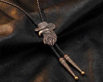 Eagle Bolo Tie Necklace with Cowboy Hat Design, Vintage Rustic Western Jewelry , Rodeo Accessory