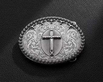 Western Cross Belt Buckle - Antique Silver Floral Engraved Oval Design - Christian Cowboy Style