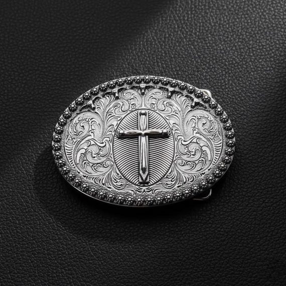 Silver Cross Belt Buckle Western Cowboy Engraved Statement CHRISTIAN COWBOY SCALLOP CROSS 3611-731M MONTANA SILVERSMITHS main image 2